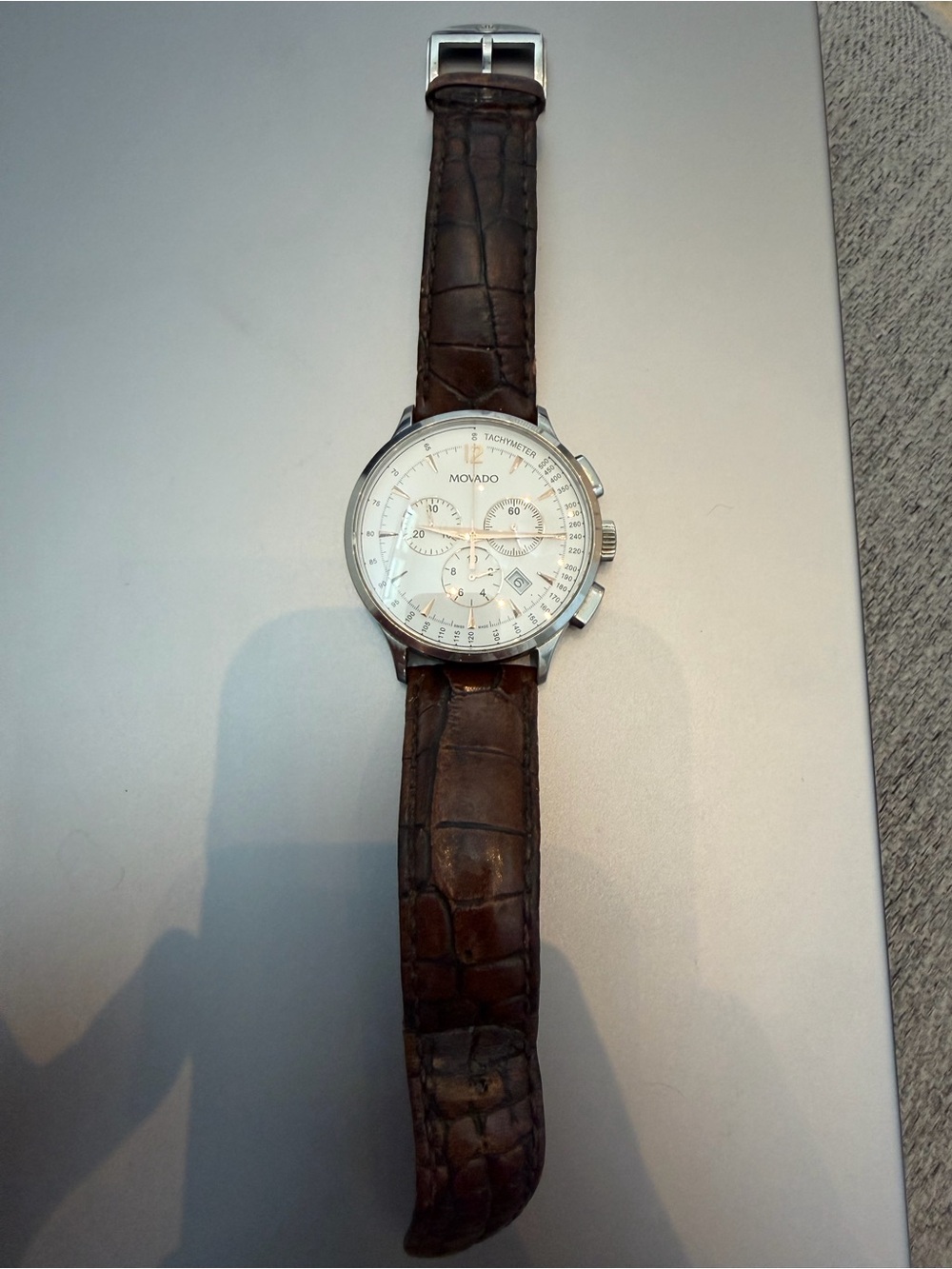 Movado Silver Dial Chronograph with Brown Croc-Print Strap